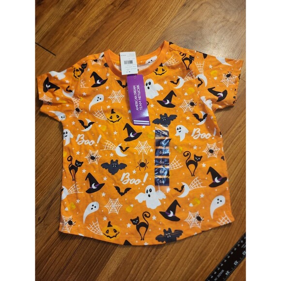 ADTN Girls Halloween Tshirt Short Sleeve Pumpkin 6x Crewneck Orange All Over Pri - Picture 1 of 4